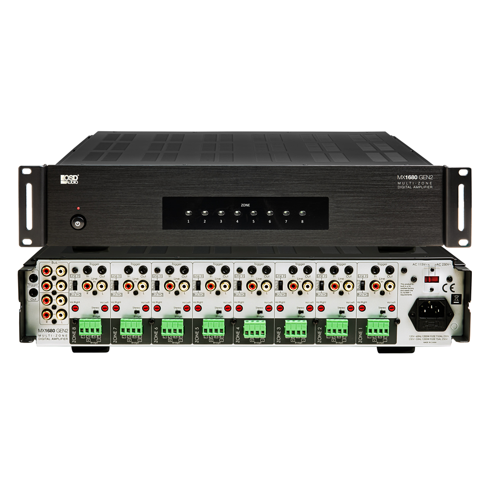 OSD MX1680 GEN2 8 Zone Amplifier 16Ch x 80W, Class D, Front Panel On/Off Buttons, Distributed Audio