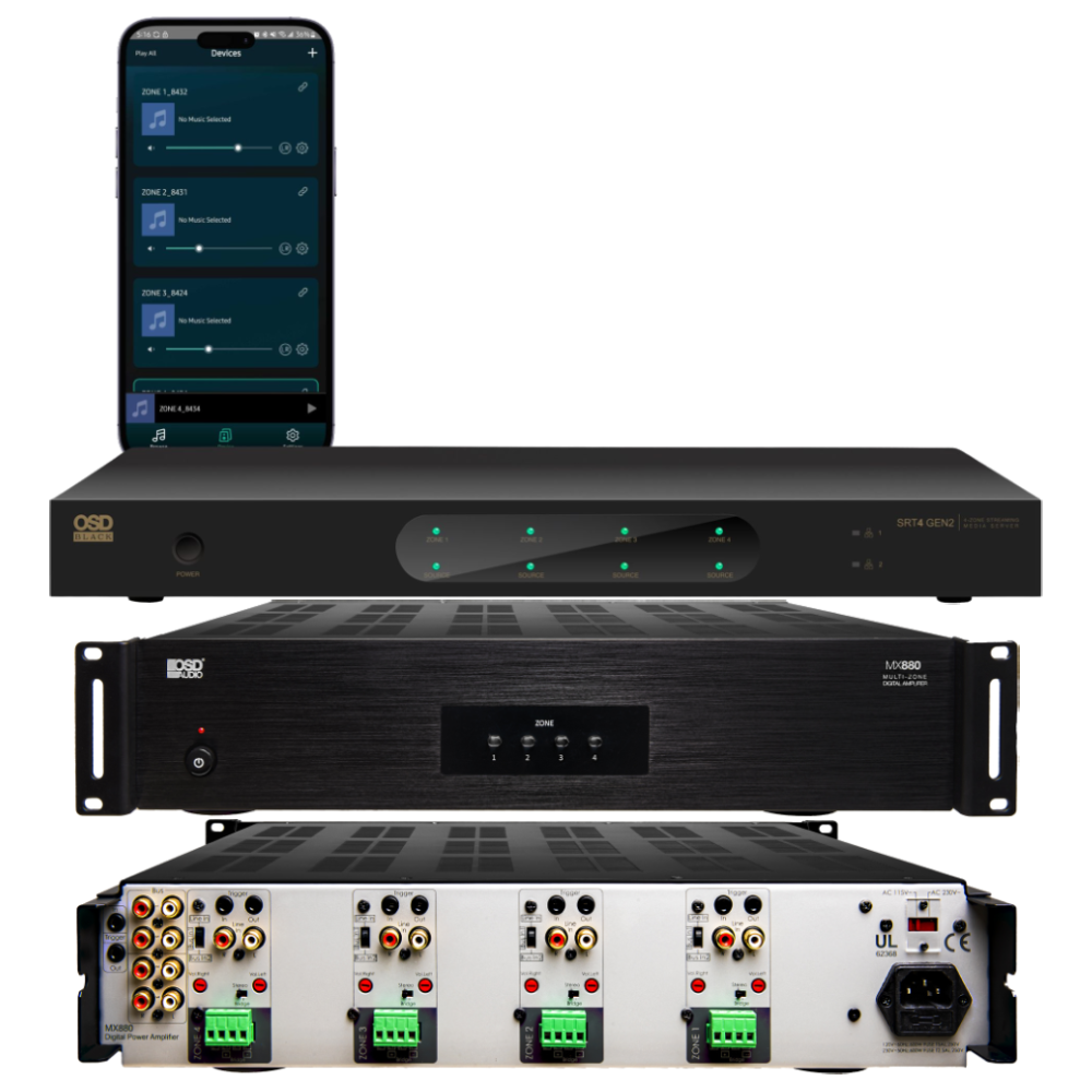 OSD SRT4-GEN2 App Control 4 Zone Media Streamer + MX880-GEN2 8-Channel 80W/Ch Power Amplifier Bundle